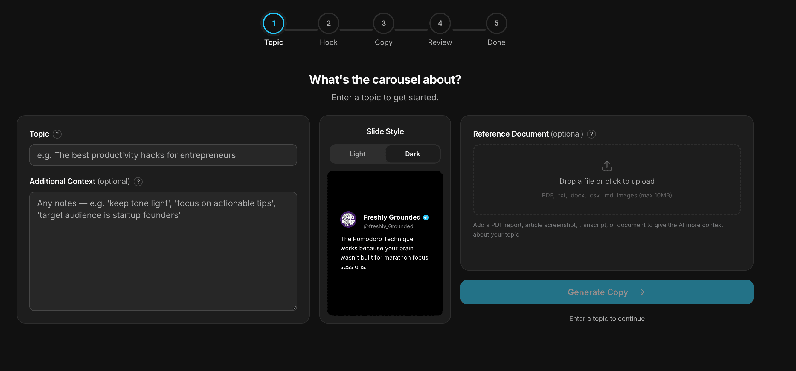 Scorper carousel generator interface